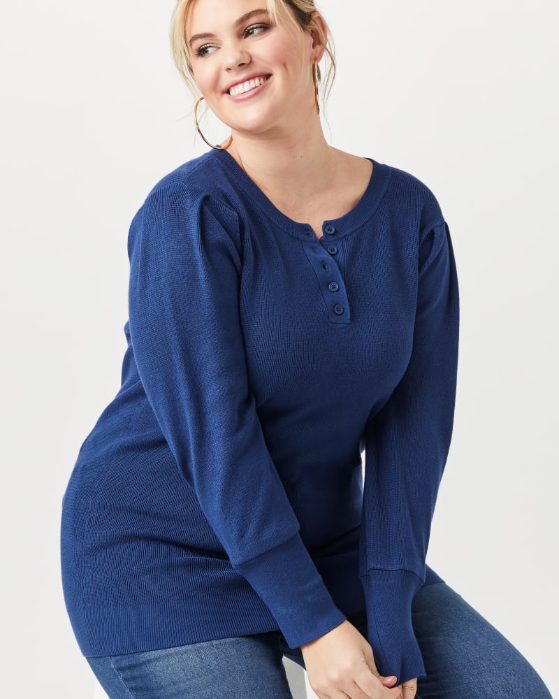Plus size model with hourglass body shape wearing Maria Ribbed Sweater by East Adeline | Dia&Co | dia_product_style_image_id:152095